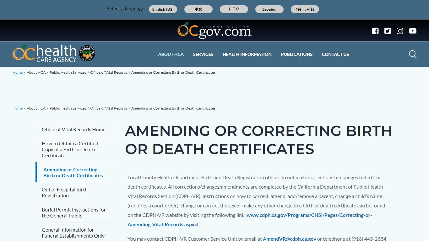 Amending or Correcting Birth or Death Certificates | Orange County ...